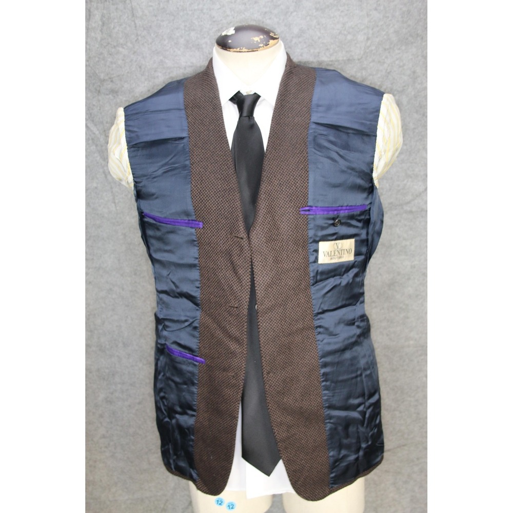 VTG Valentino Boutique Blazer Men 38R Brown Check Pure Cashmere Sport Coat Italy - Picture 8 of 16